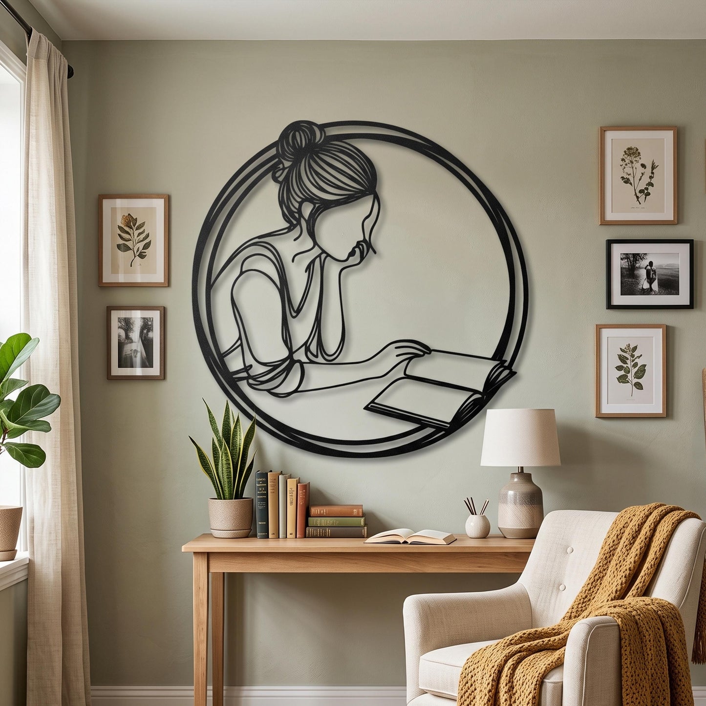 Minimalist Reading Woman Metal Wall Art hanging hardware and mounting detail