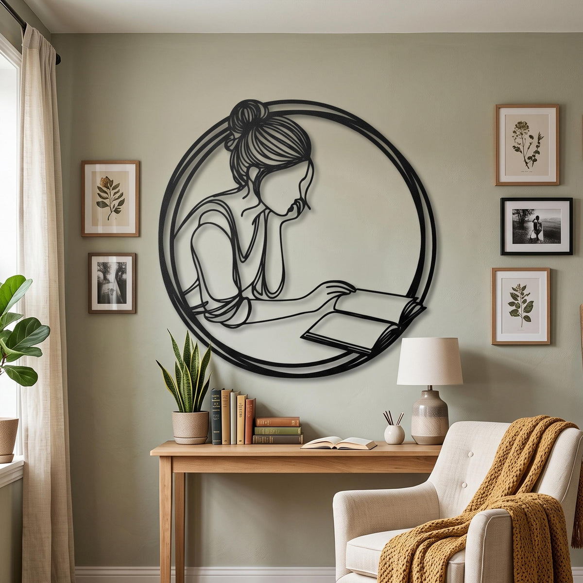 Minimalist Reading Woman Metal Wall Art hanging hardware and mounting detail