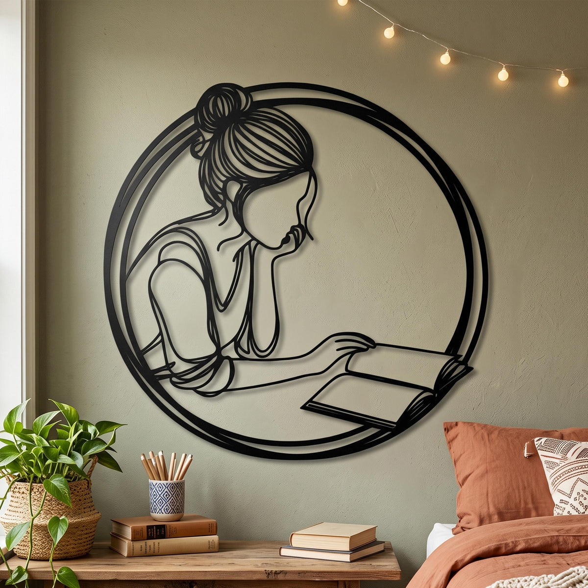 Minimalist Reading Woman Metal Wall Art – laser-cut steel wall decor