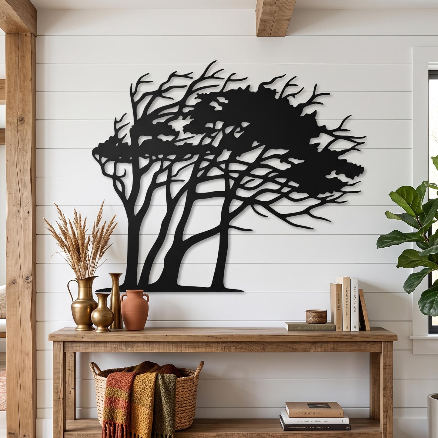 Windswept Tree Metal Wall Art styled above a sofa