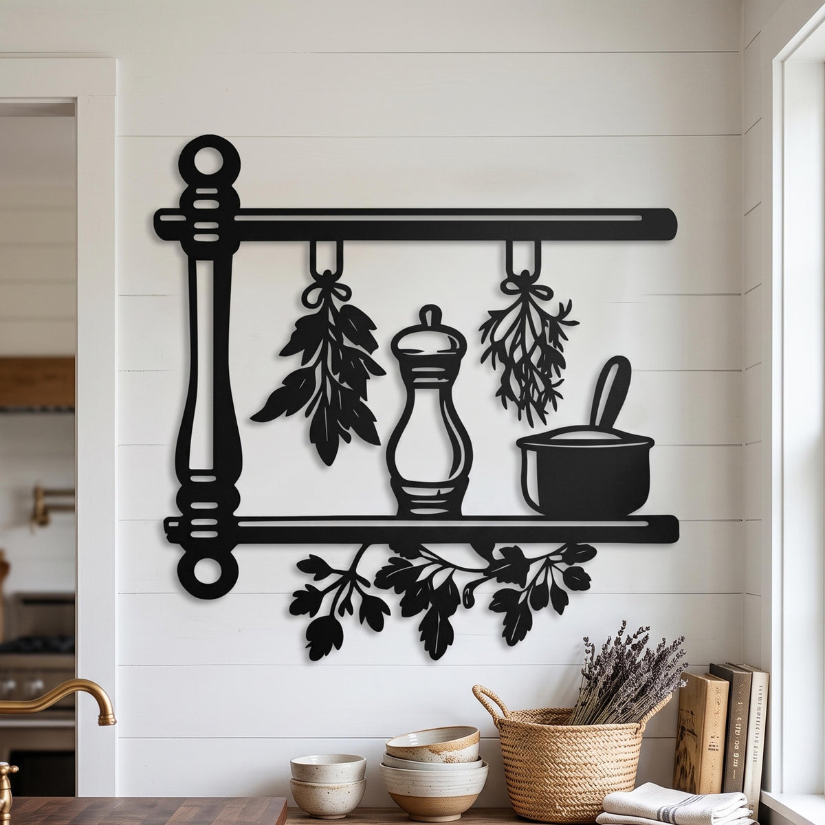 Kitchen Herbs Metal Wall Art shown on a living room wall