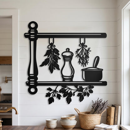 Kitchen Herbs Metal Wall Art shown on a living room wall
