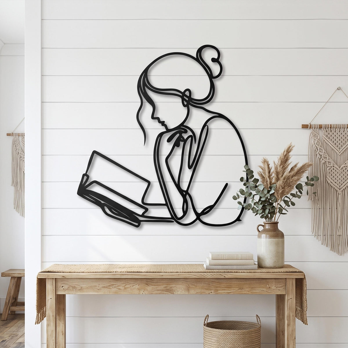 Minimalist Reading Woman Metal Wall Art close-up of the powder-coated finish