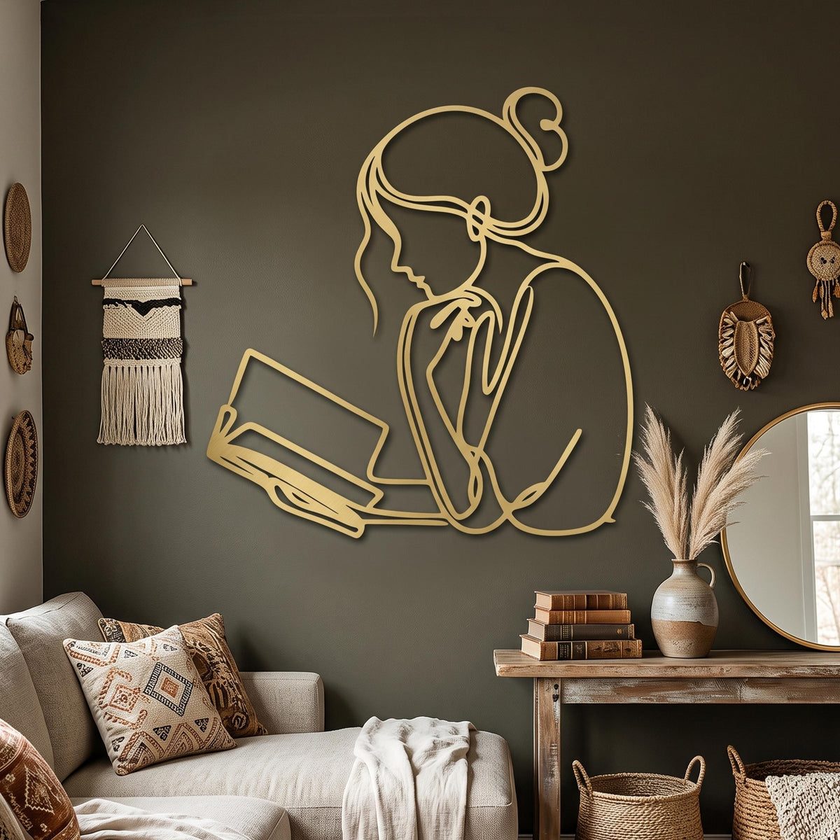 Minimalist Reading Woman Metal Wall Art styled above a sofa