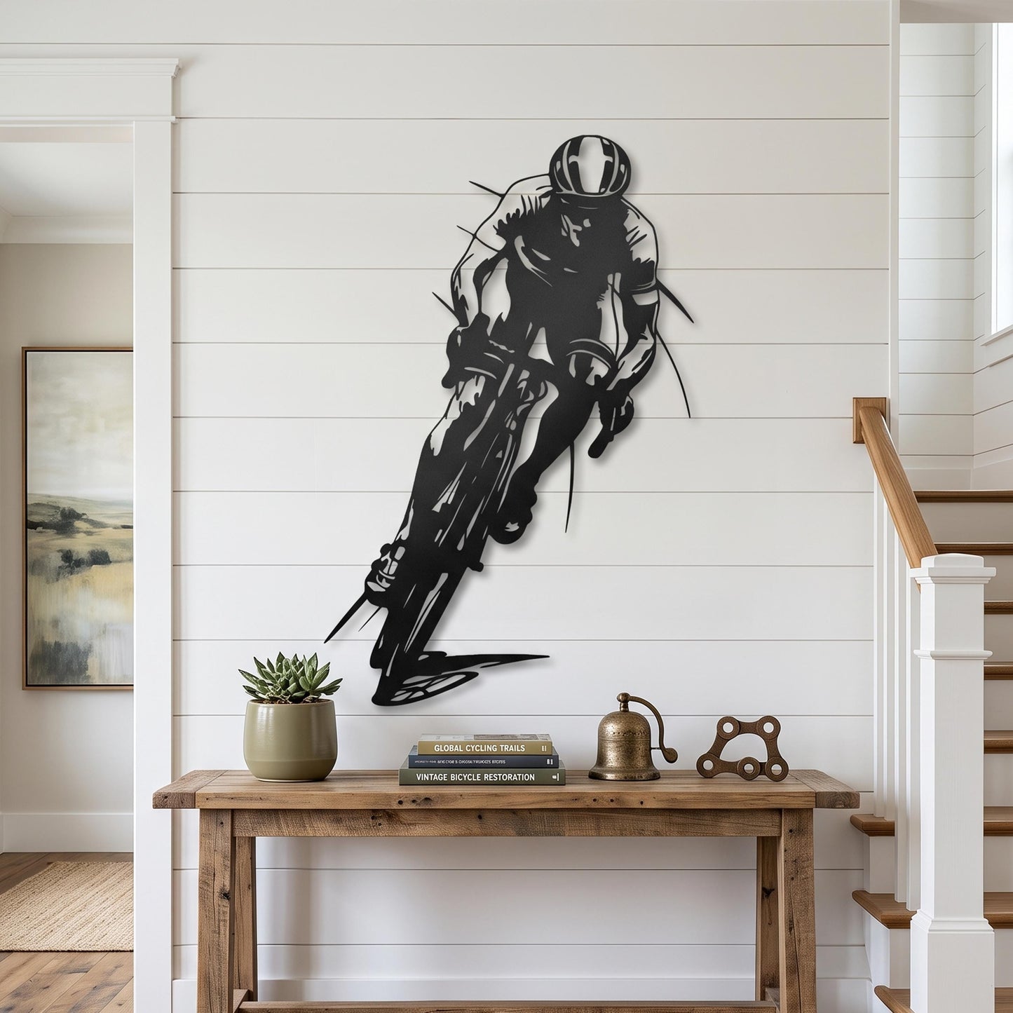 Metal Cyclist Wall Art size guide with dimensions in cm and inches