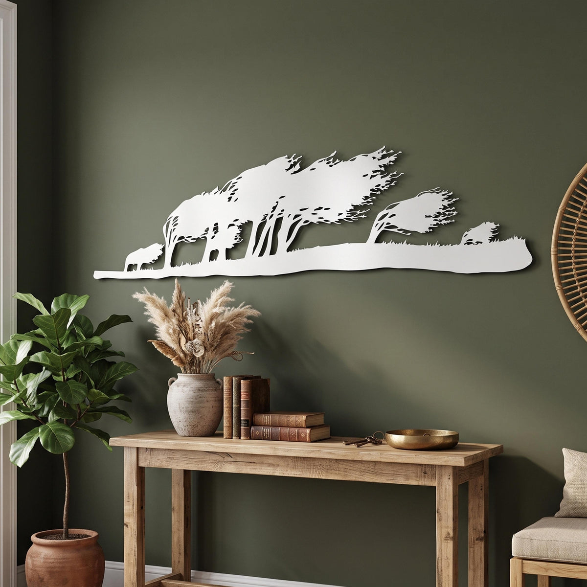 Panoramic Tree Line Metal Wall Art styled above a sofa