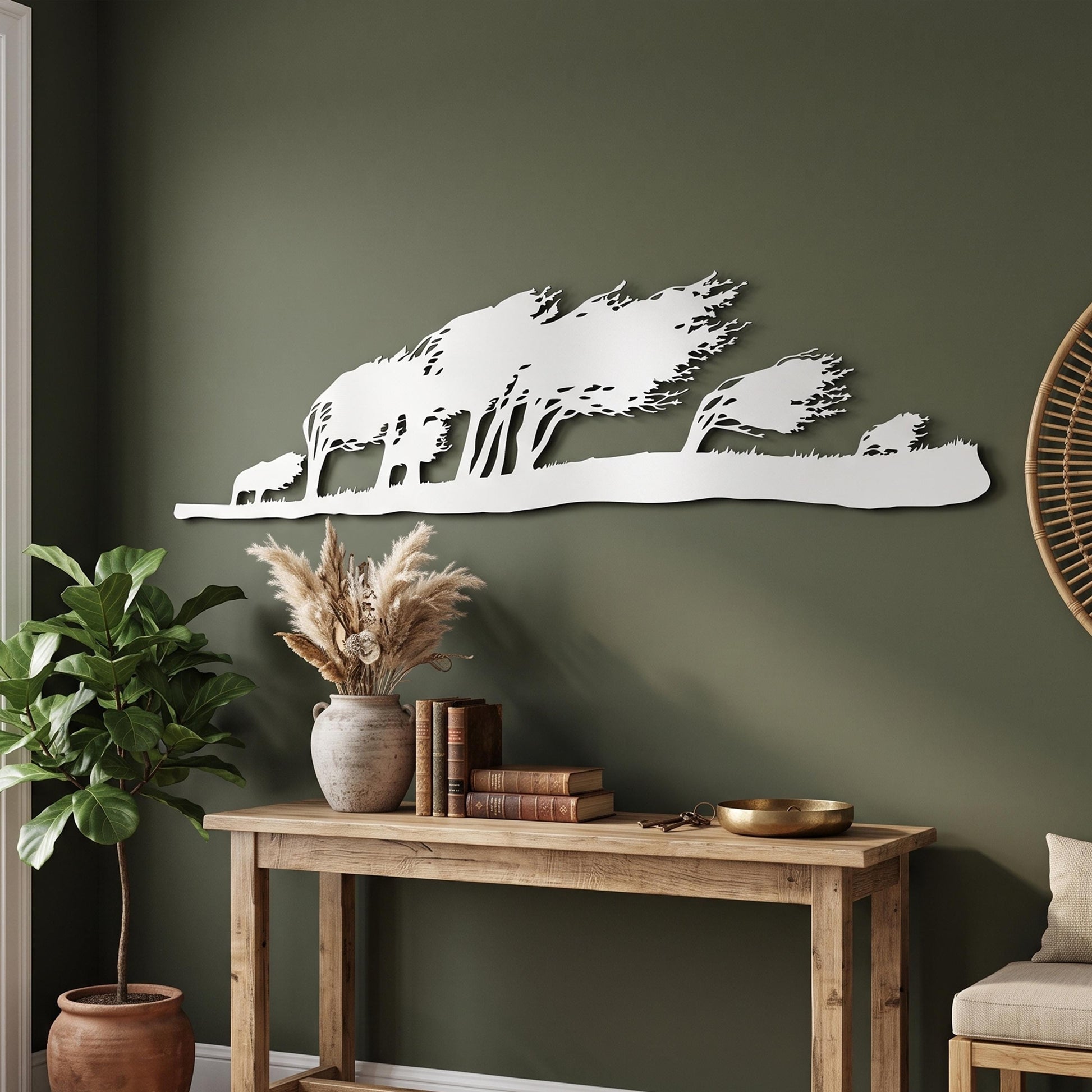 Panoramic Tree Line Metal Wall Art styled above a sofa