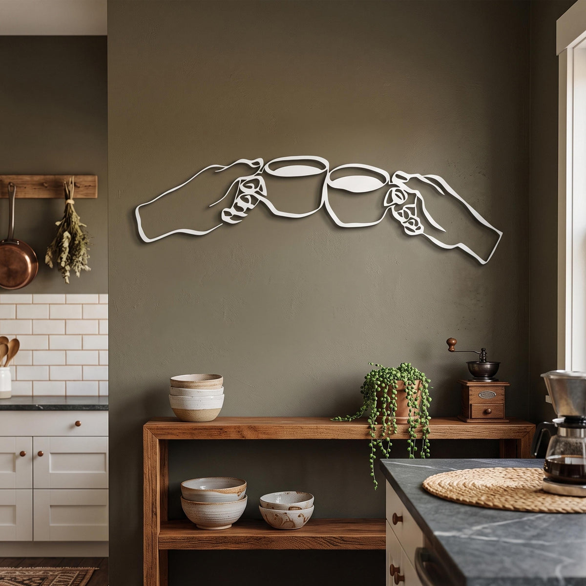 Coffee Cheers Metal Wall Art styled above a sofa