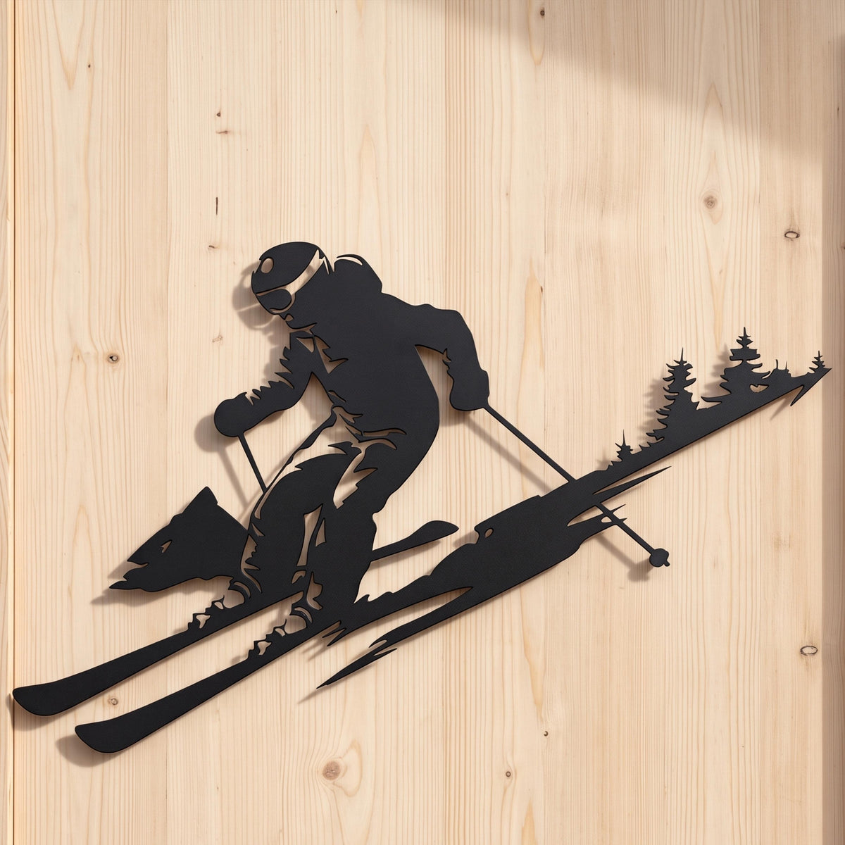 Skier Metal Wall Art size guide with dimensions in cm and inches