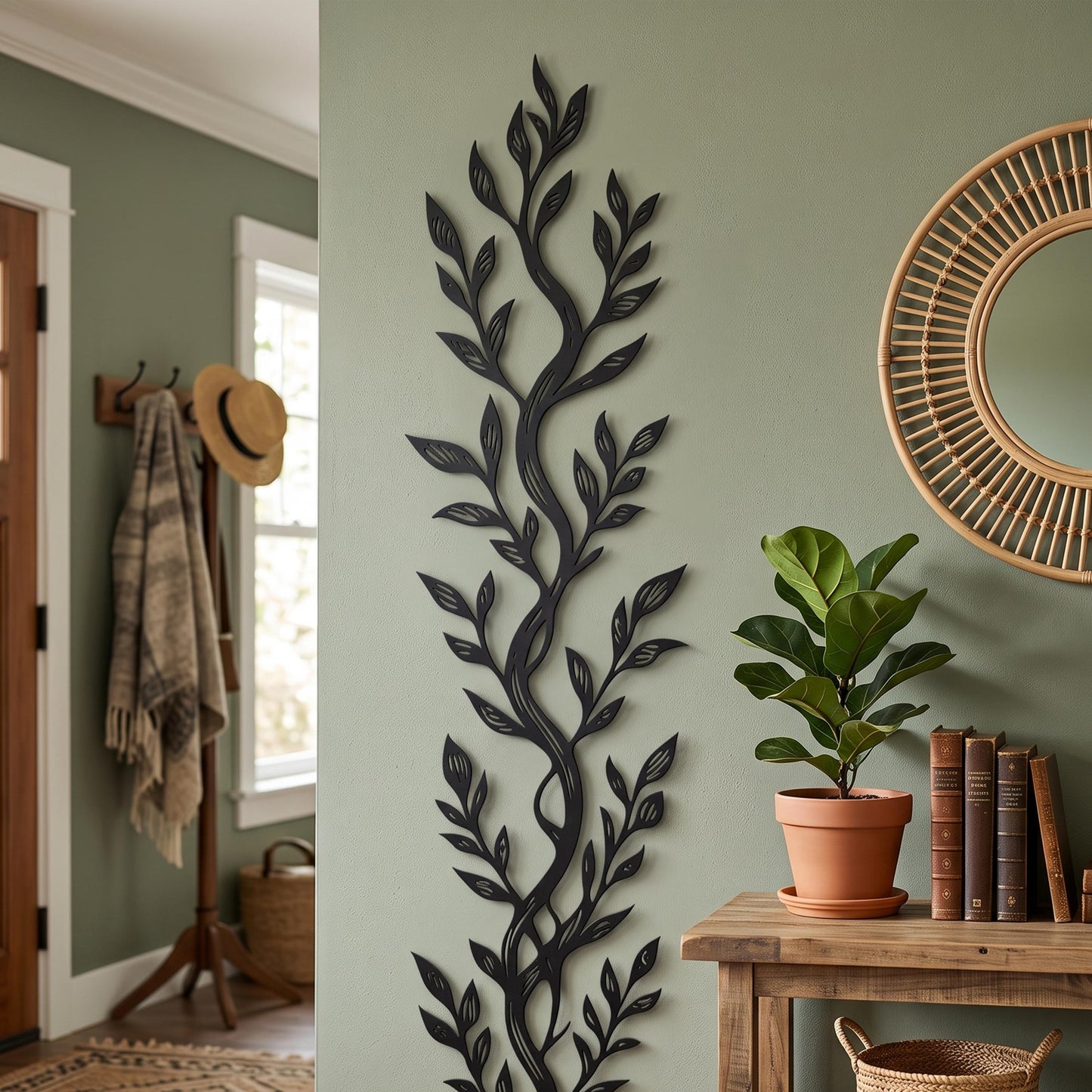 Vertical Leaf Metal Wall Art styled on a living room wall