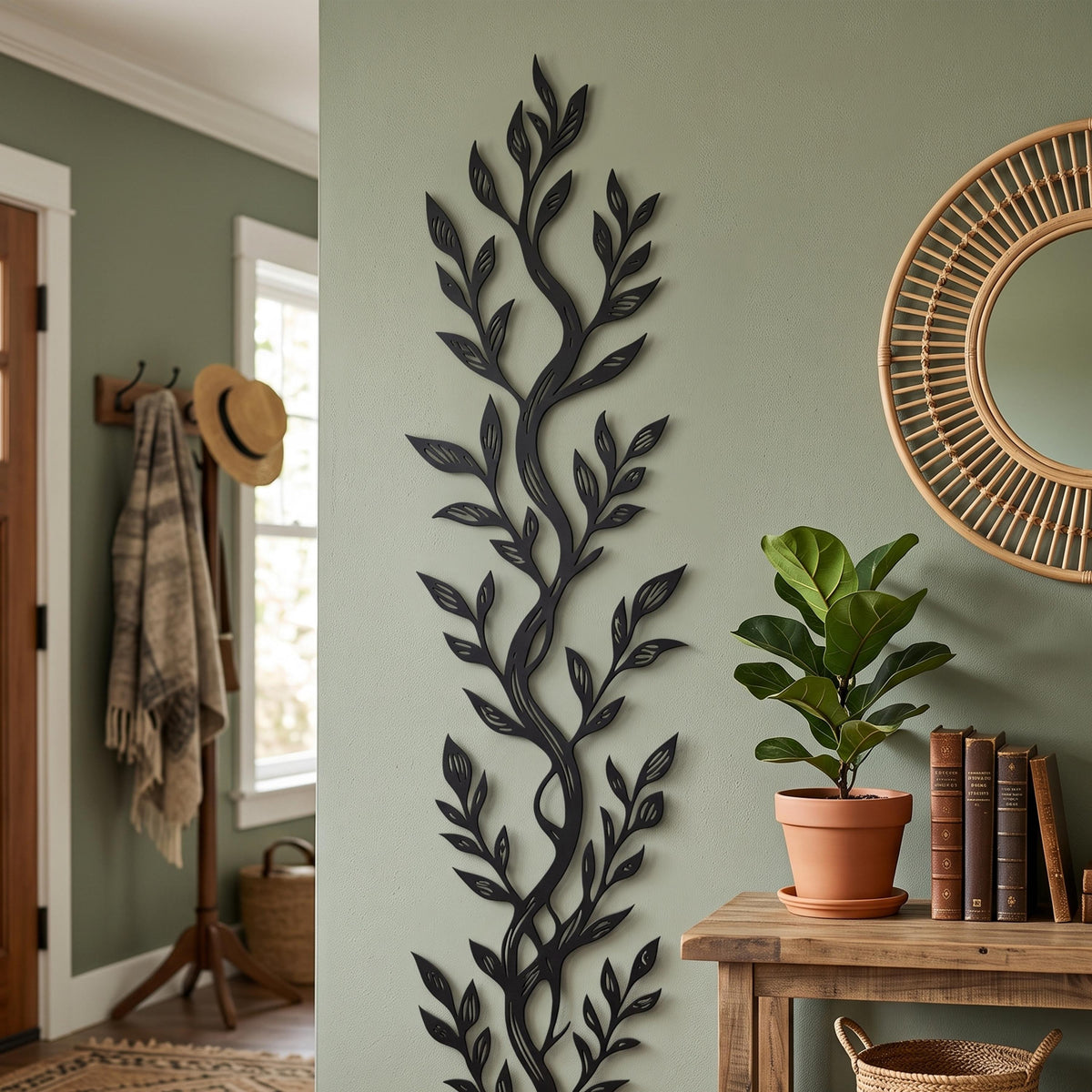 Vertical Leaf Metal Wall Art styled on a living room wall