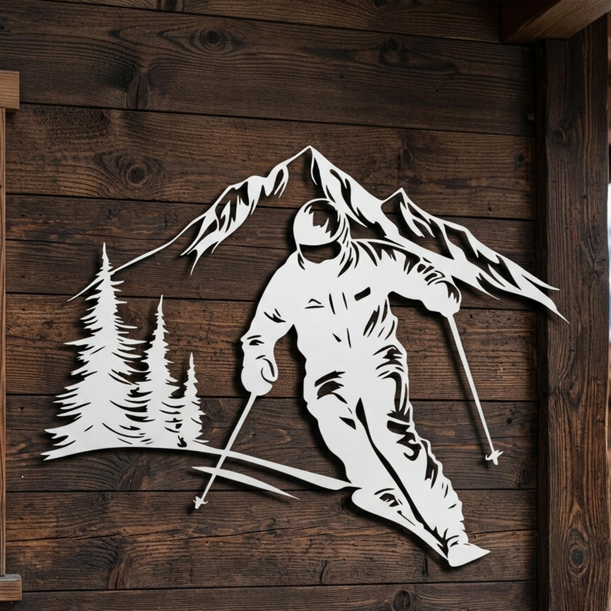 Skiing Metal Wall Art size guide with dimensions in cm and inches