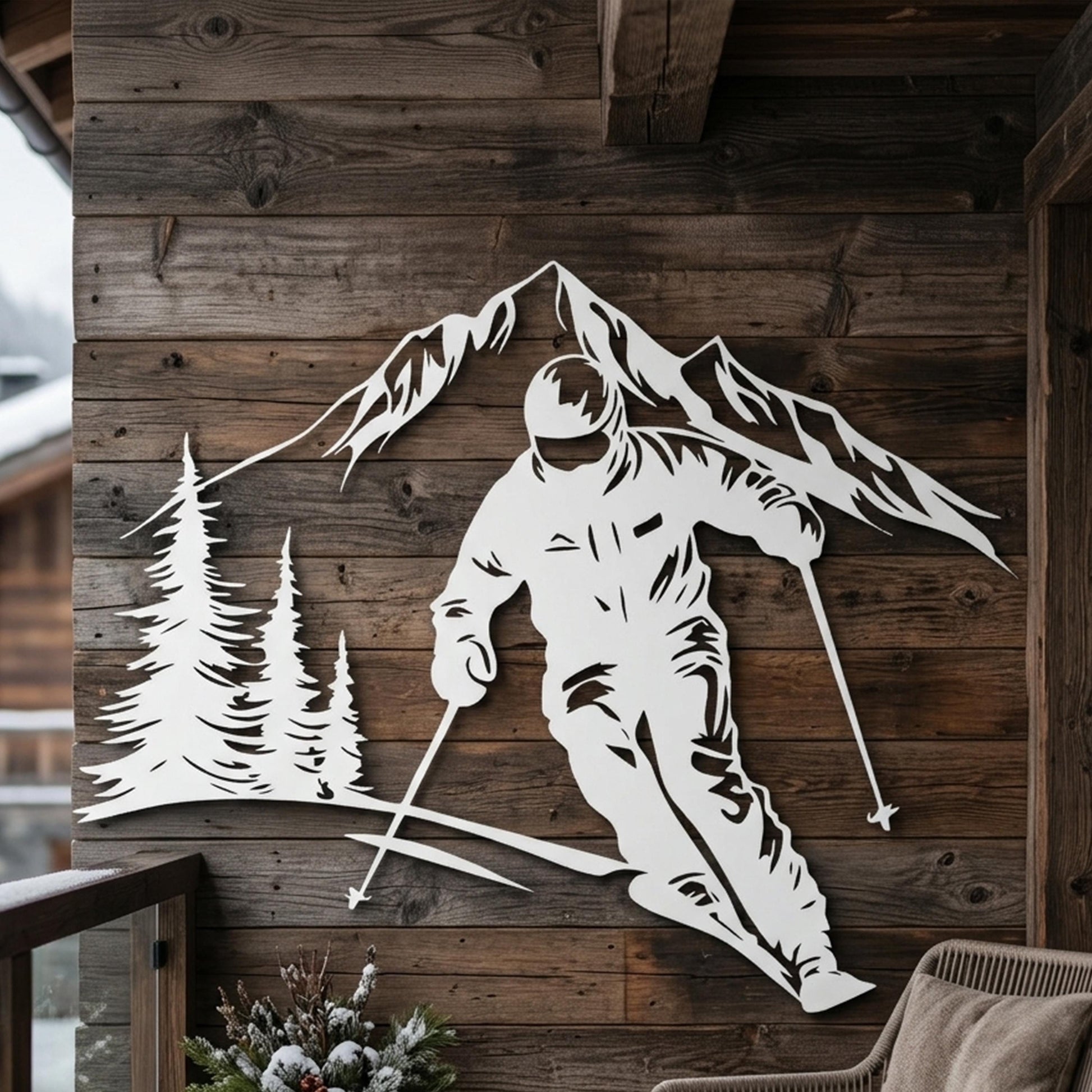 Skiing Metal Wall Art shown on a living room wall