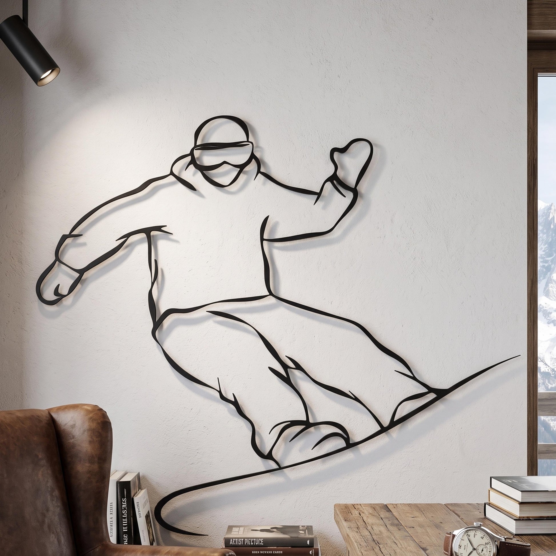 Snowboarder Metal Wall Art size guide with dimensions in cm and inches