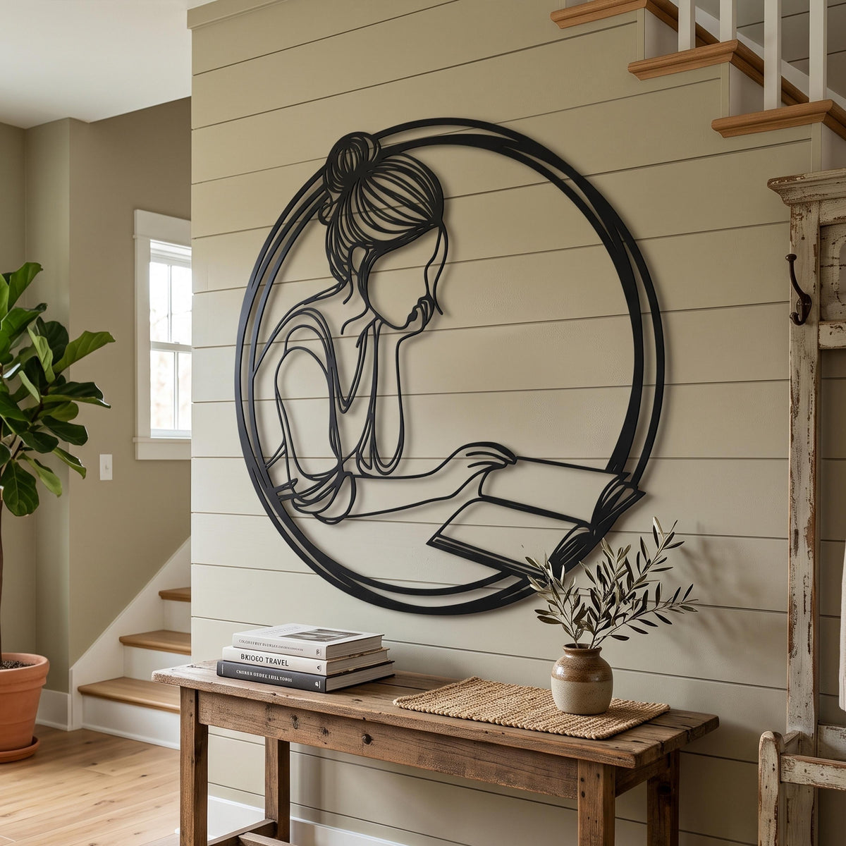 Minimalist Reading Woman Metal Wall Art size guide with dimensions in cm and inches