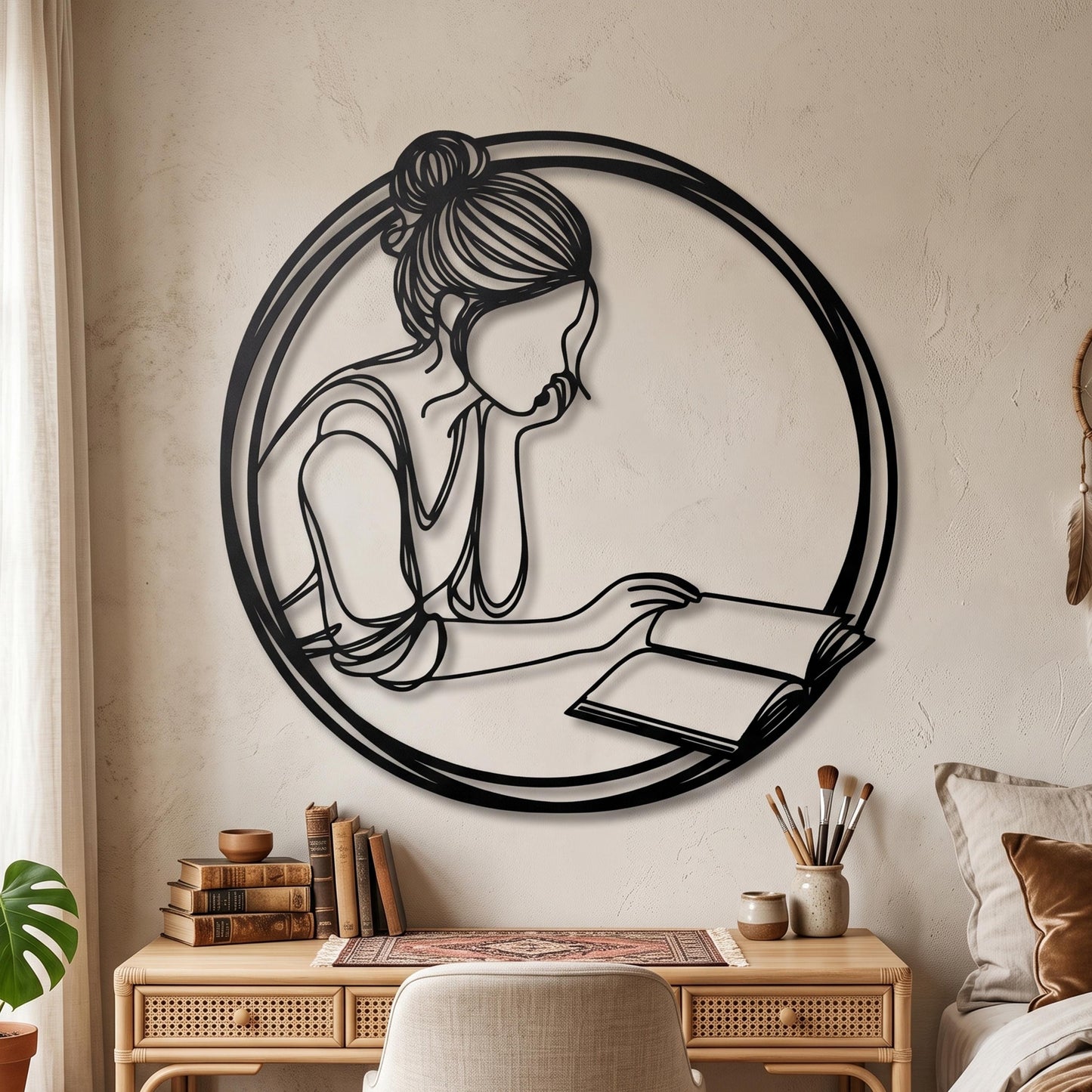 Minimalist Reading Woman Metal Wall Art bedroom interior styling