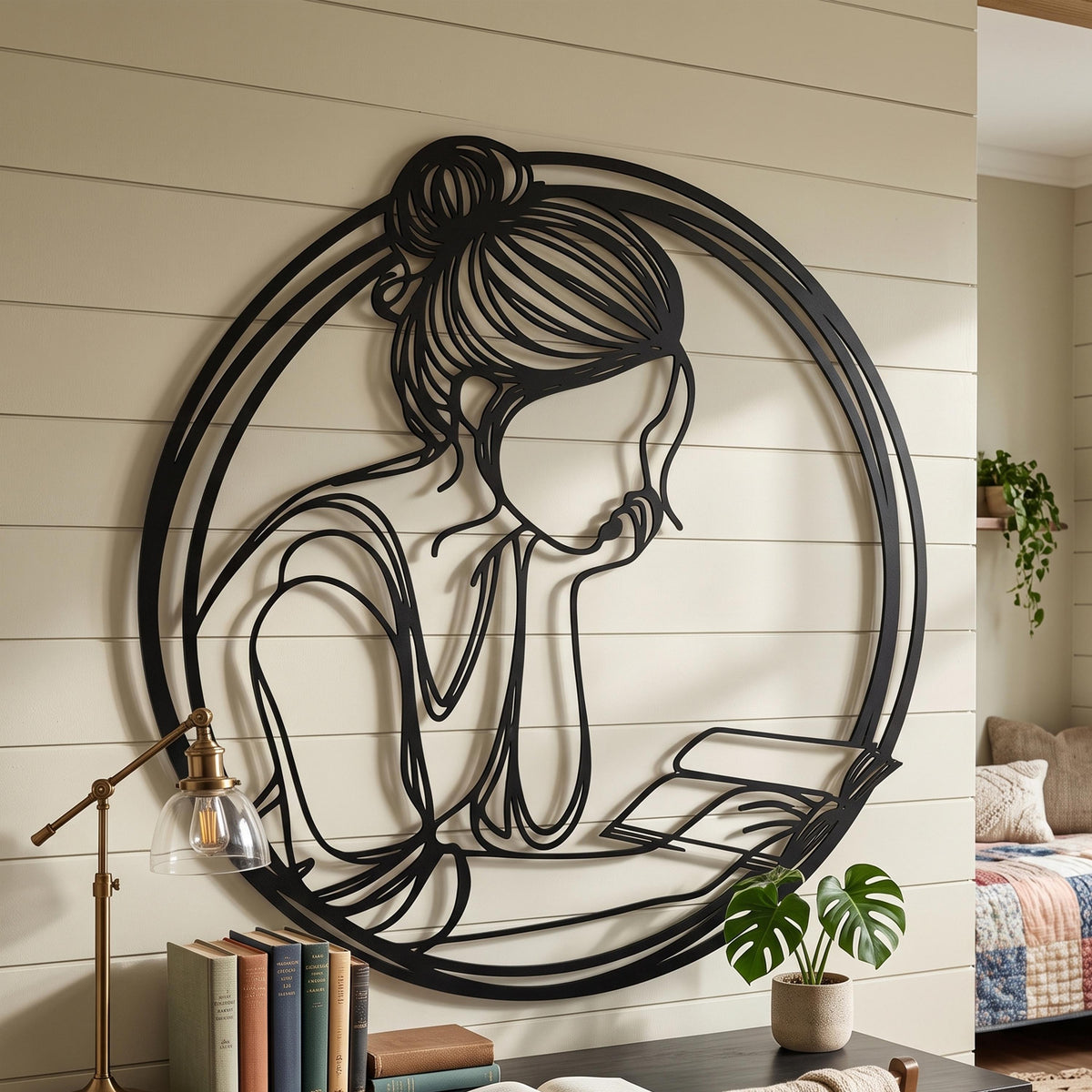 Minimalist Reading Woman Metal Wall Art shown on a living room wall