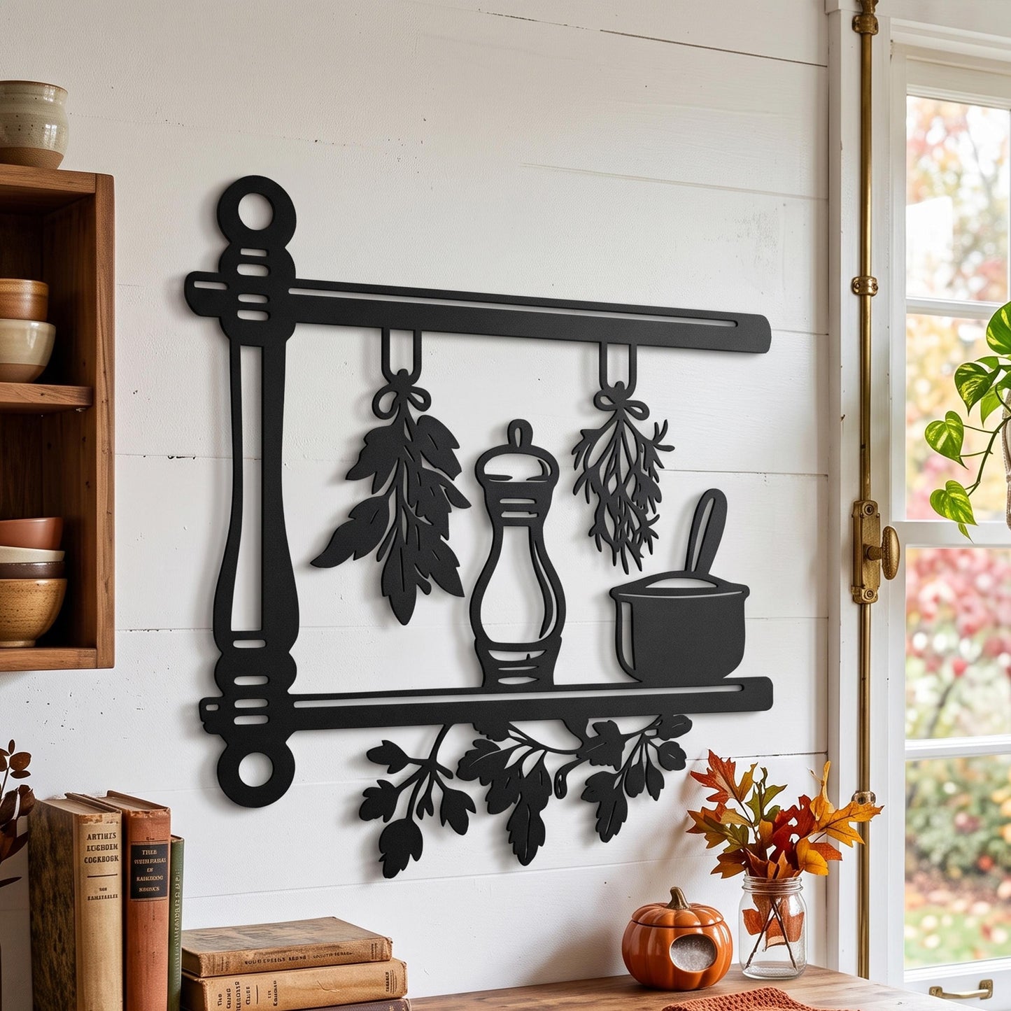 Kitchen Herbs Metal Wall Art styled above a sofa
