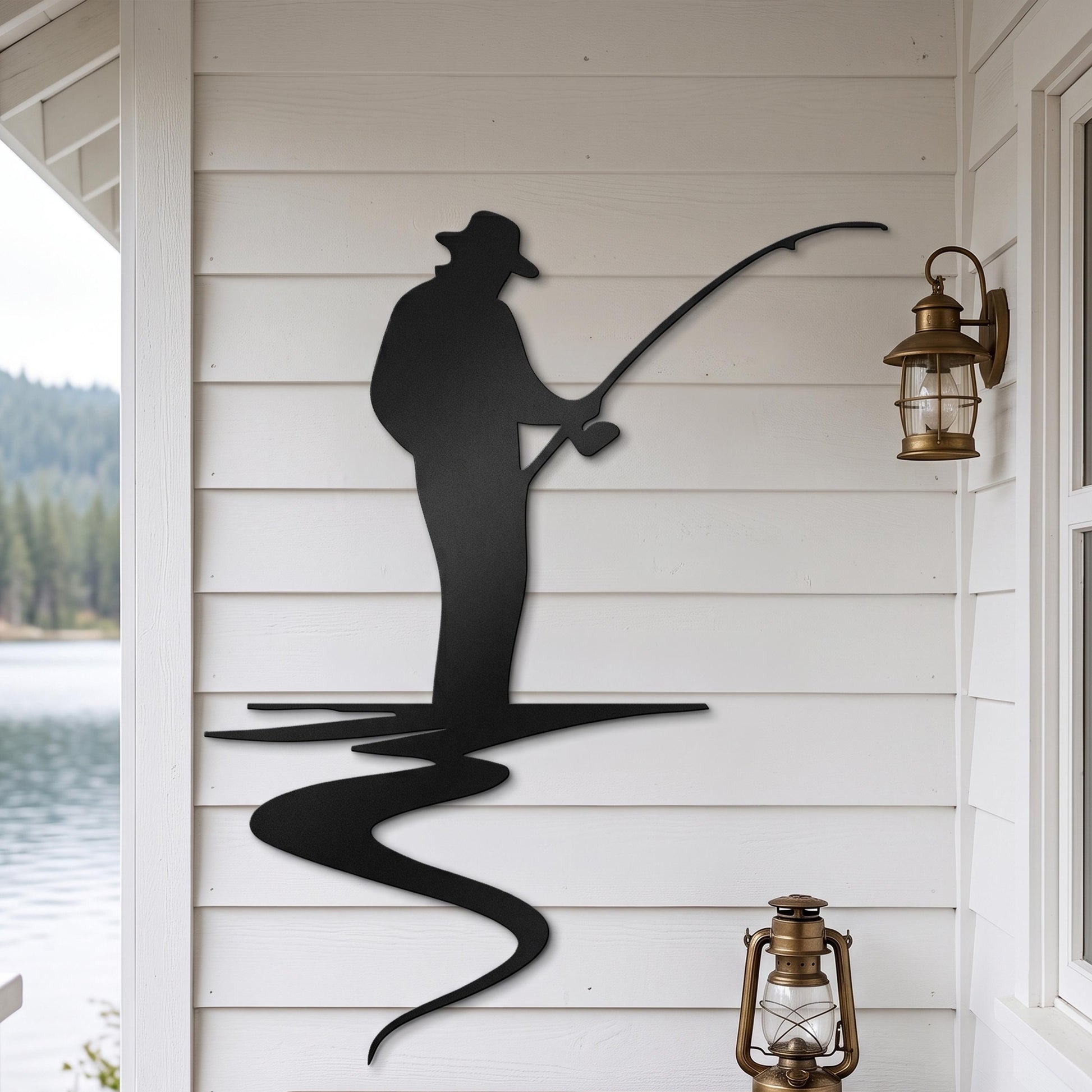 Fisherman Metal Wall Art in a modern hallway