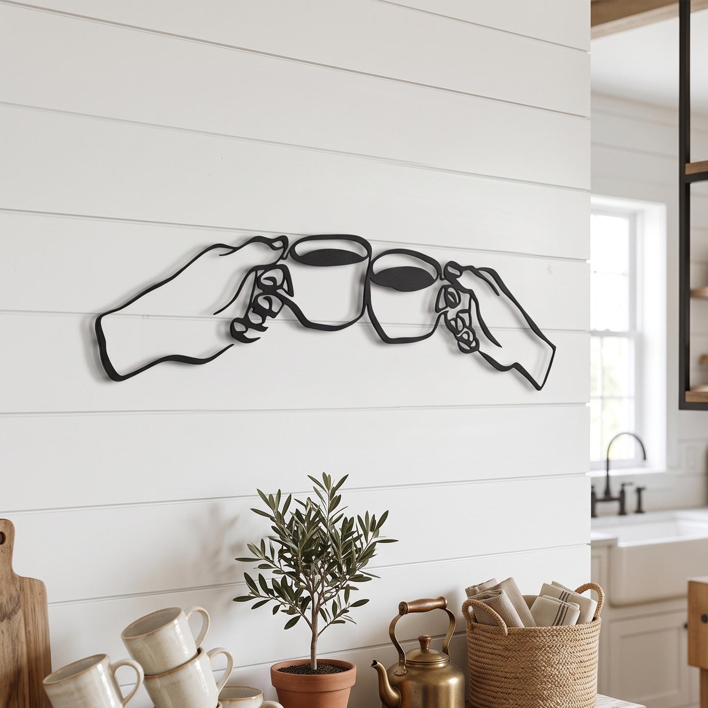 Coffee Cheers Metal Wall Art styled on a living room wall