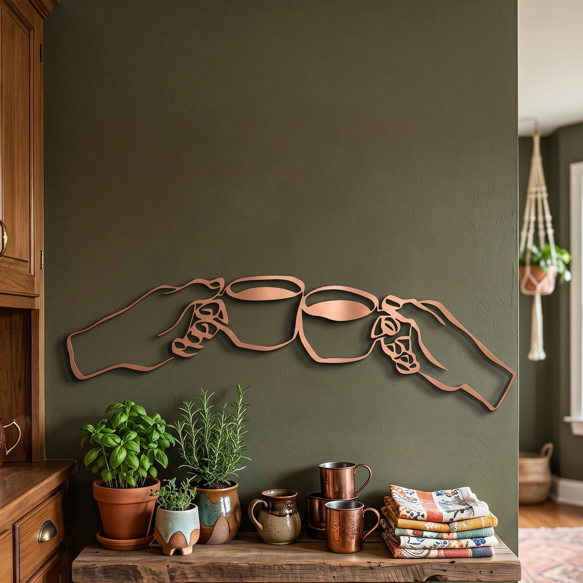 Coffee Cheers Metal Wall Art shown in a modern interior
