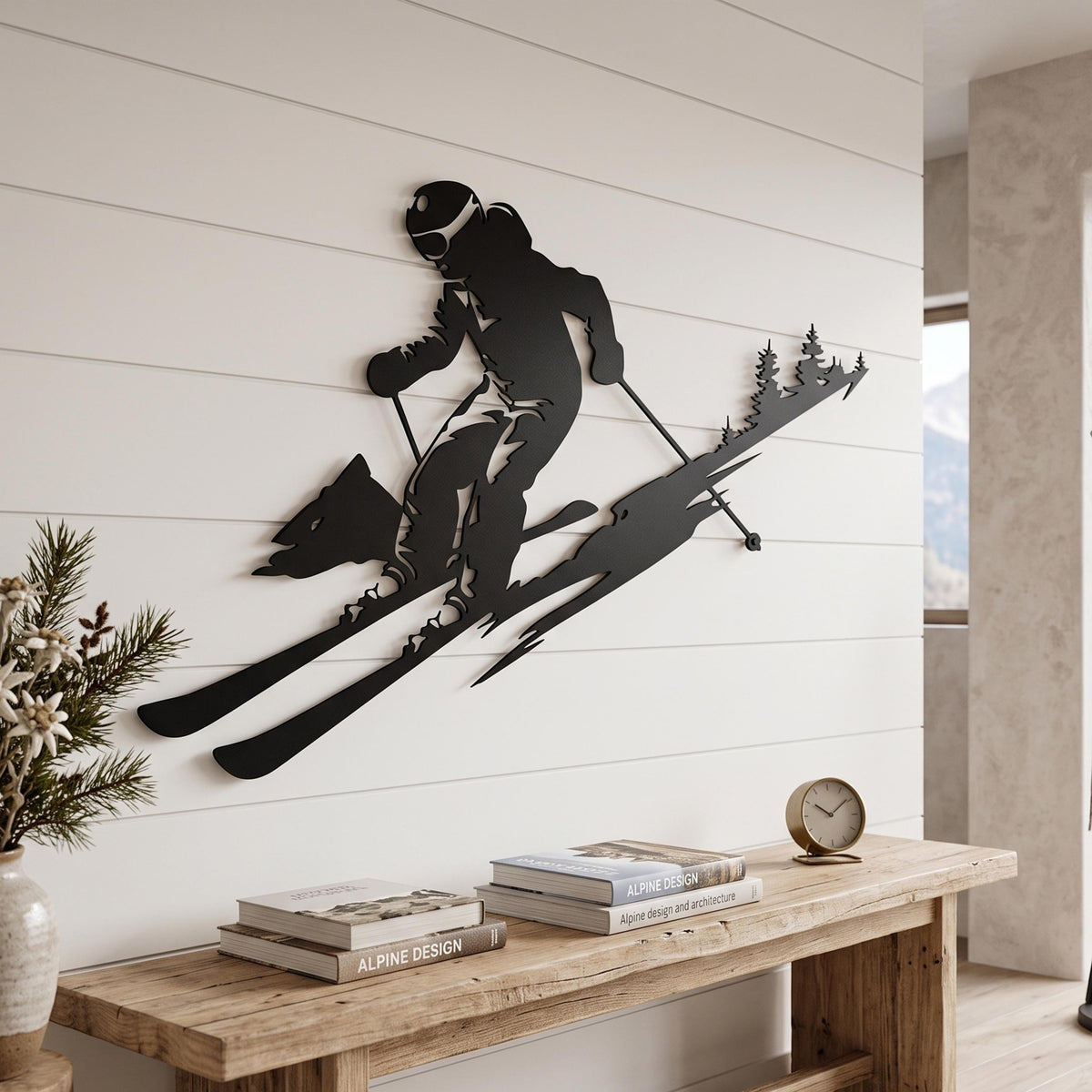 Skier Metal Wall Art shown on a living room wall