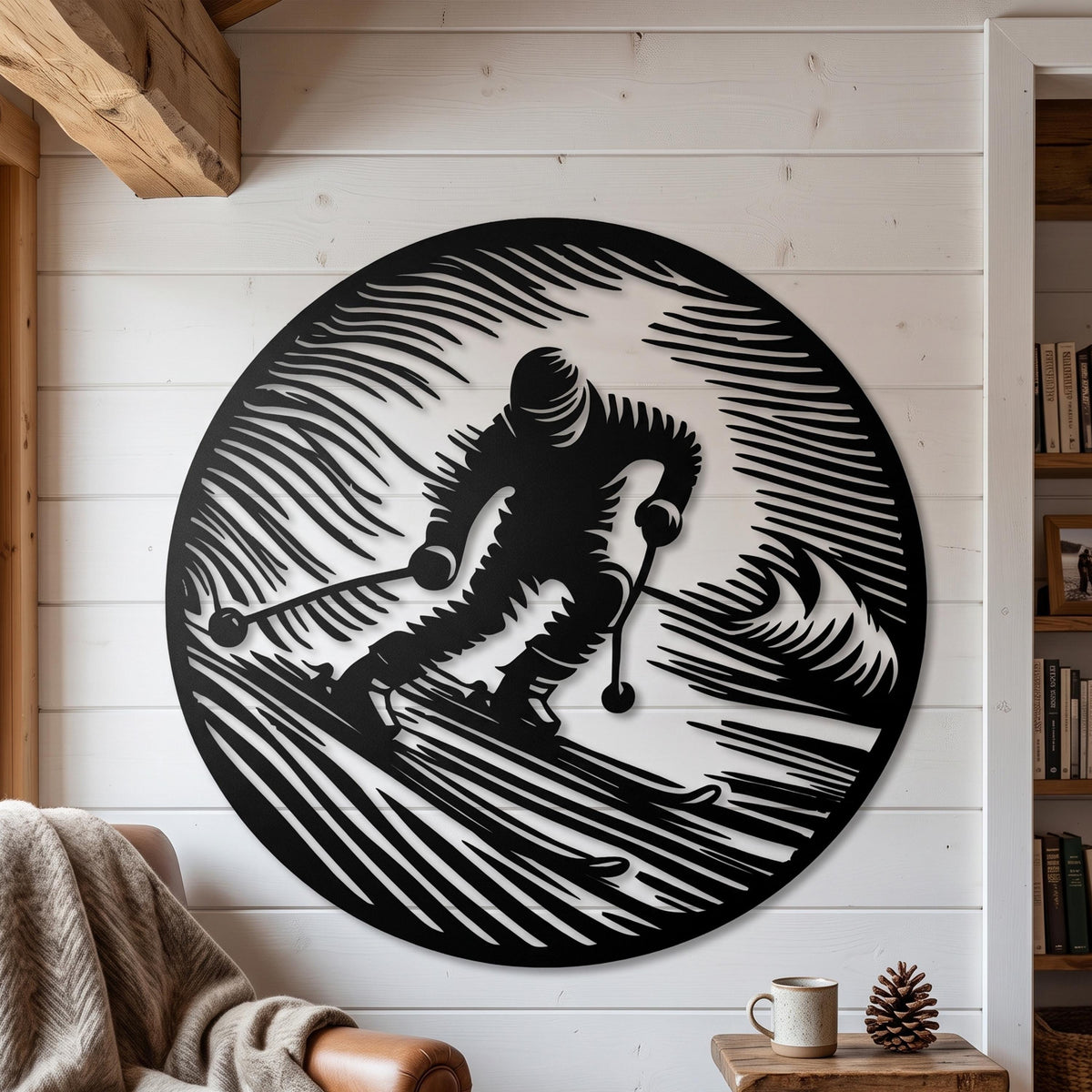 Round Skier Metal Wall Art in a modern hallway