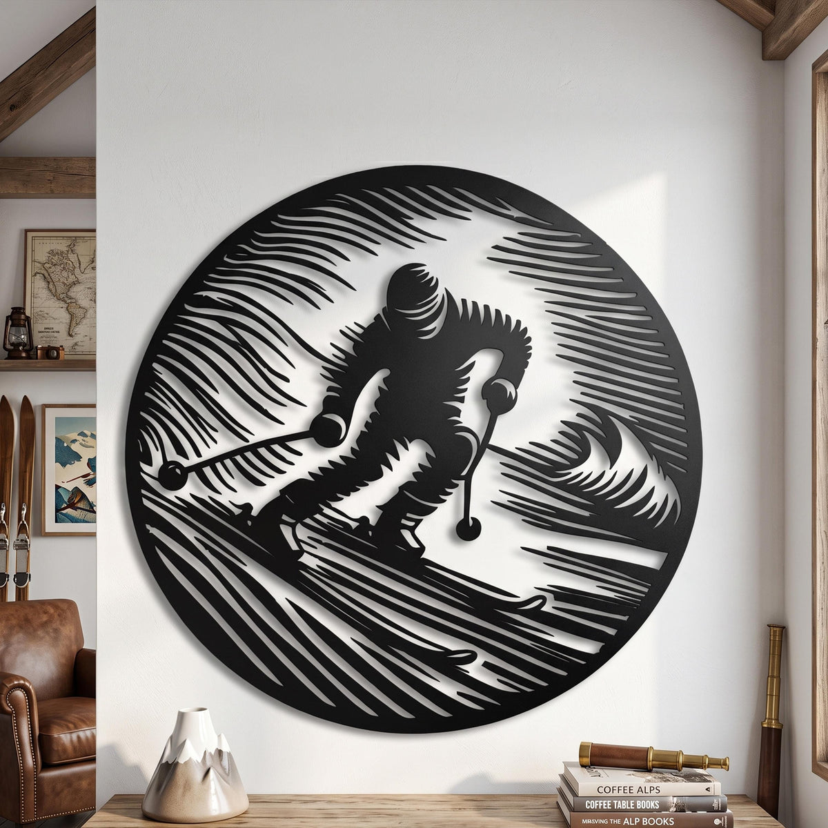 Round Skier Metal Wall Art detail of the metal edge