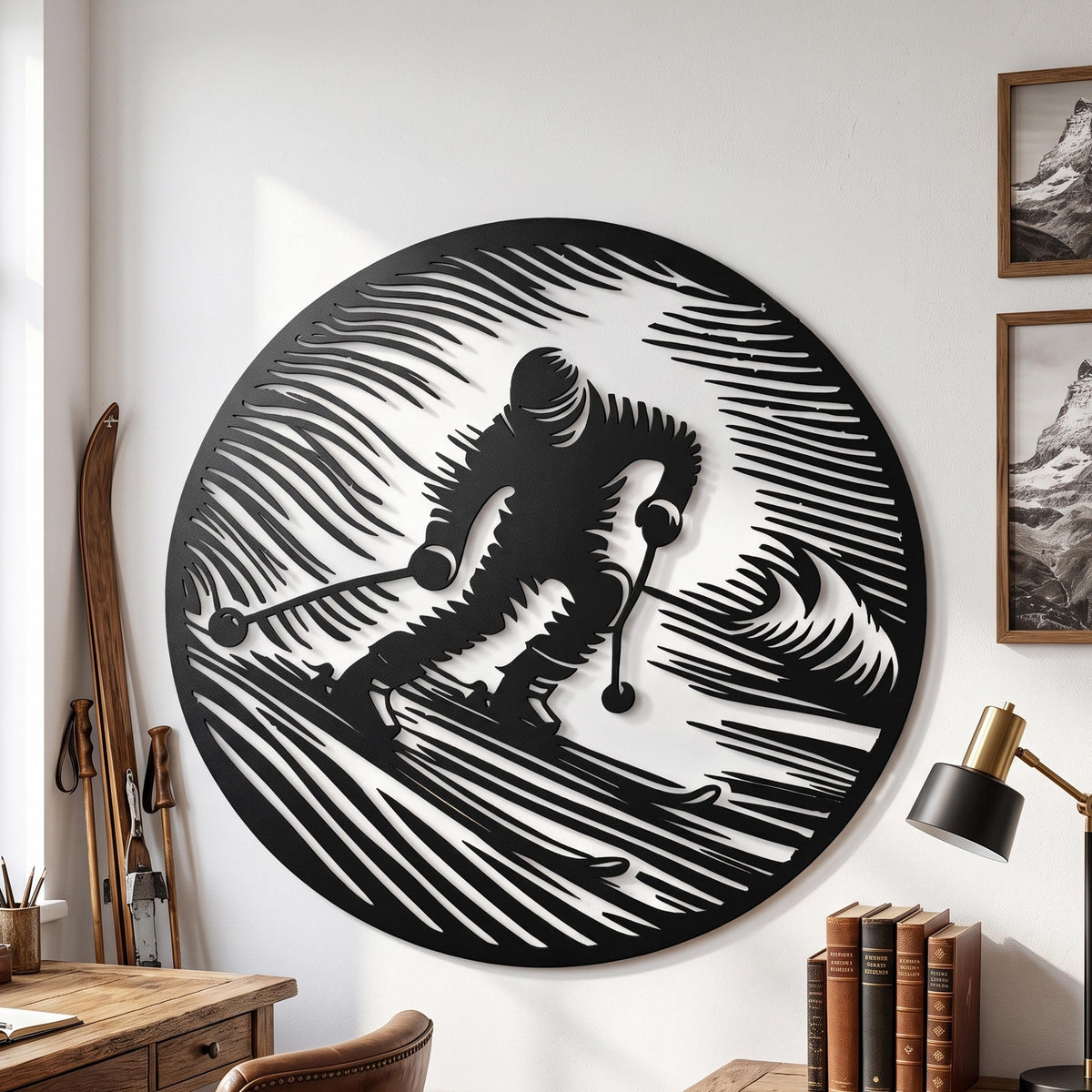 Round Skier Metal Wall Art hanging hardware and mounting detail