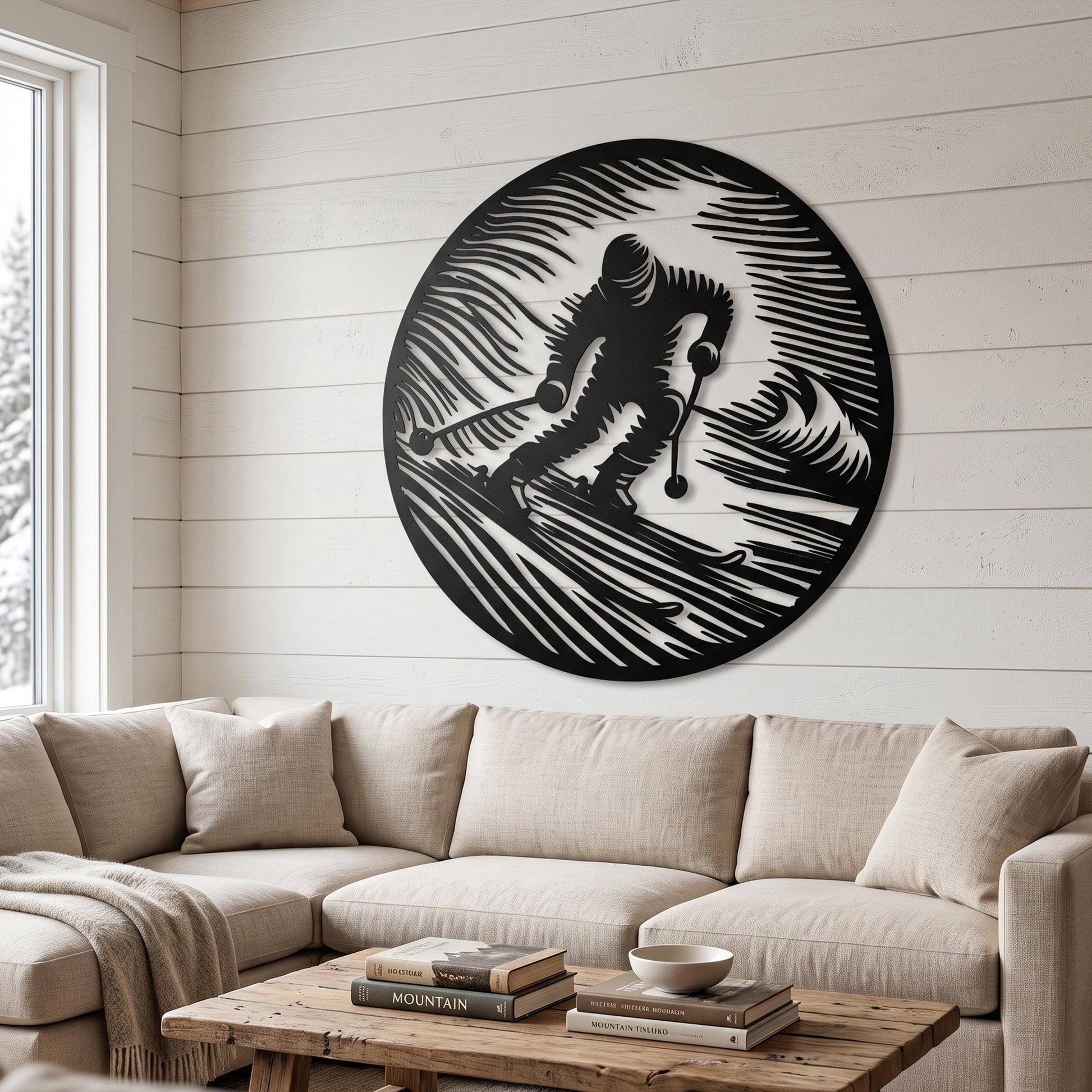 Round Skier Metal Wall Art colour options for the metal panel