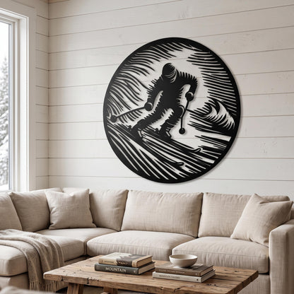 Round Skier Metal Wall Art colour options for the metal panel