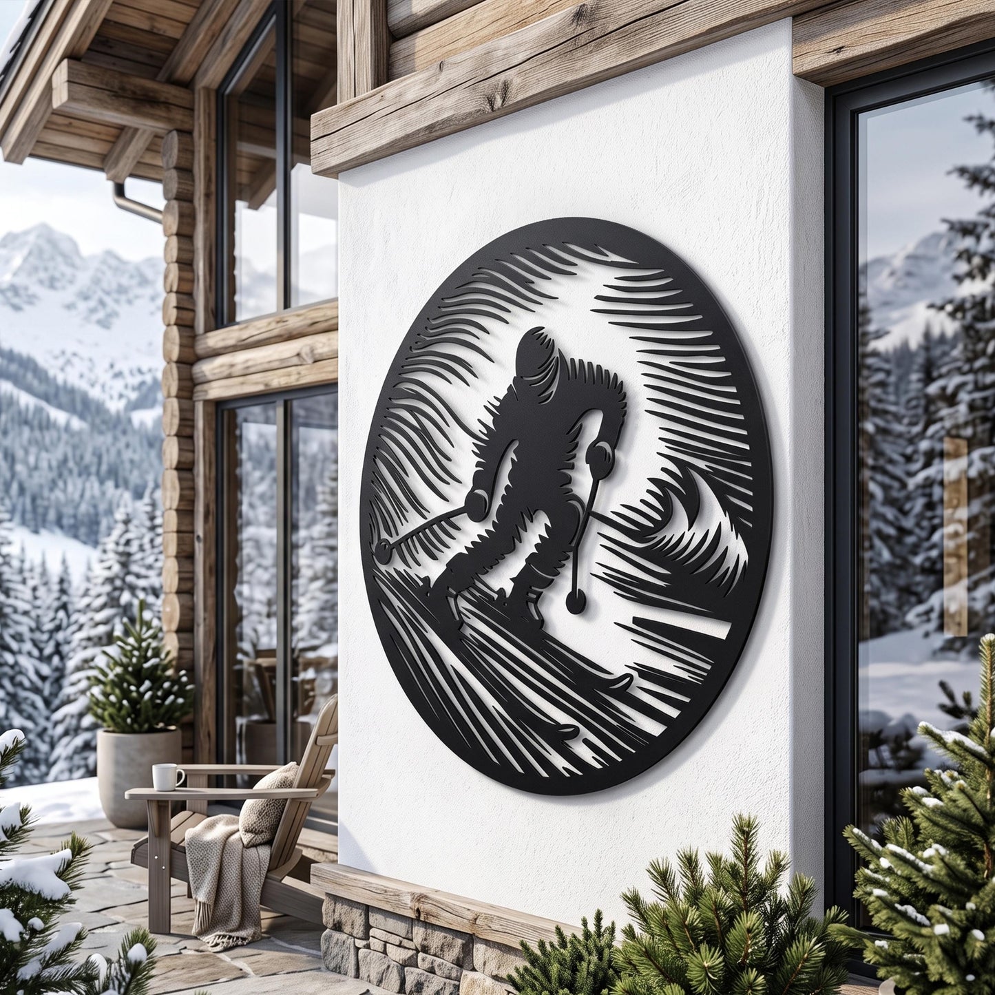 Round Skier Metal Wall Art size guide with dimensions in cm and inches