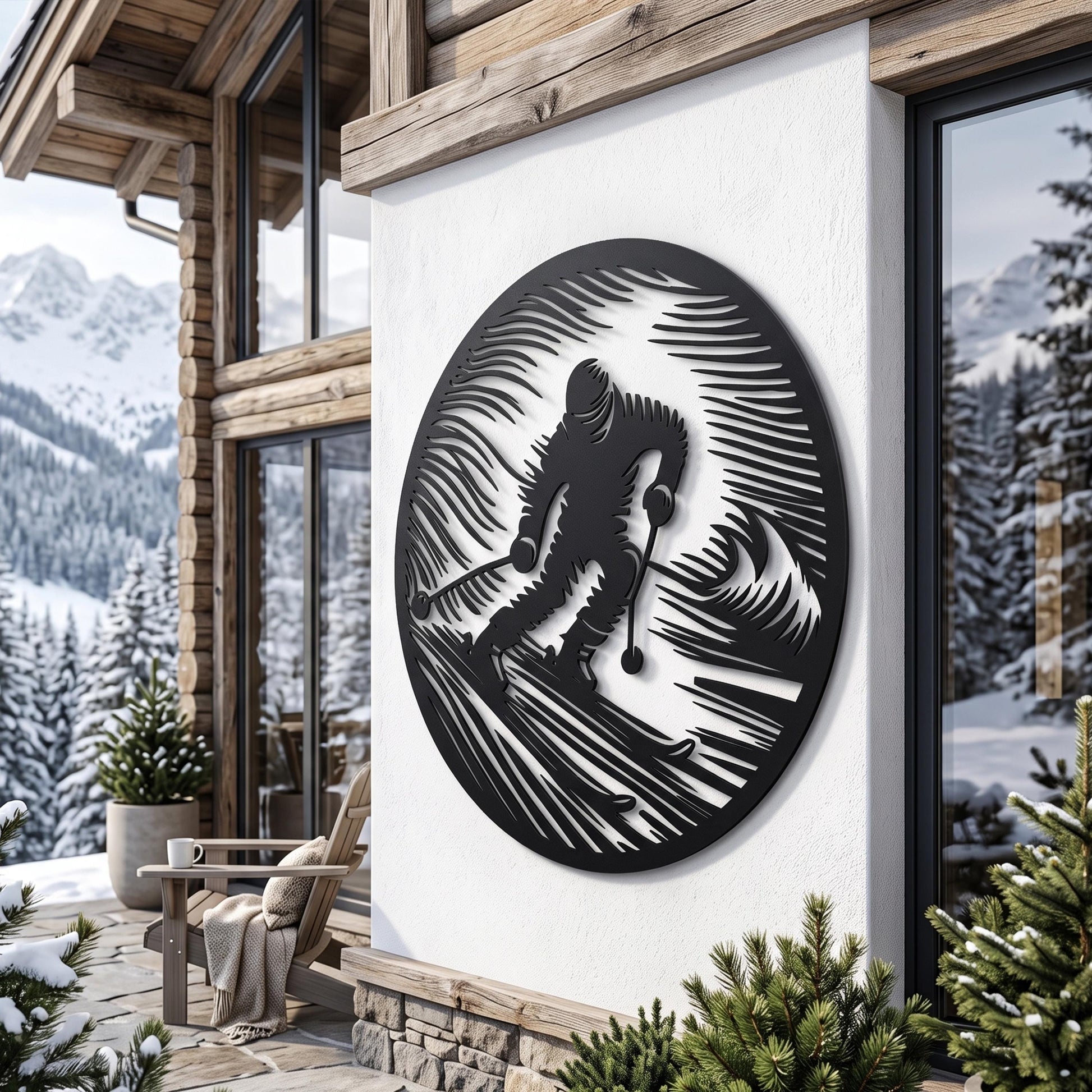 Round Skier Metal Wall Art size guide with dimensions in cm and inches