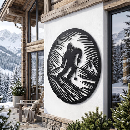 Round Skier Metal Wall Art size guide with dimensions in cm and inches
