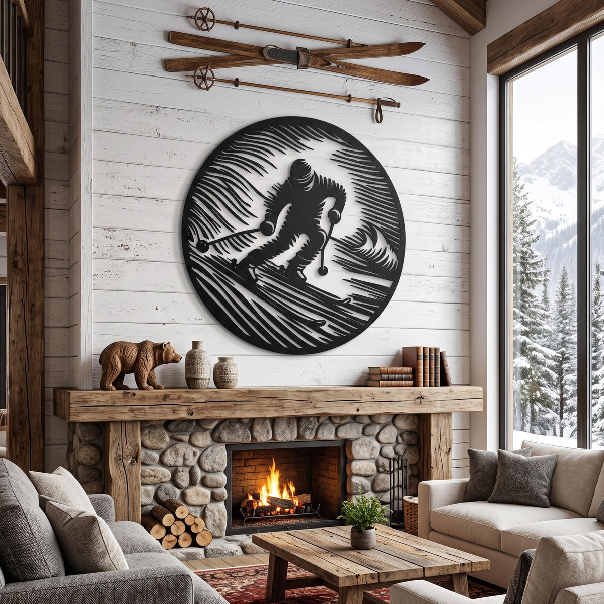 Round Skier Metal Wall Art close-up of the powder-coated finish