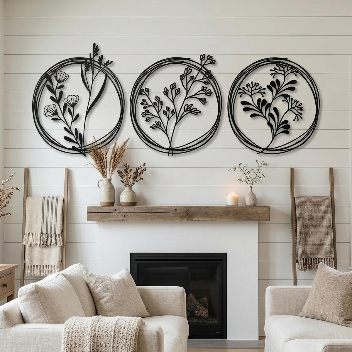 Set of 3 Metal Botanical Flower Wall Art – laser-cut steel wall decor