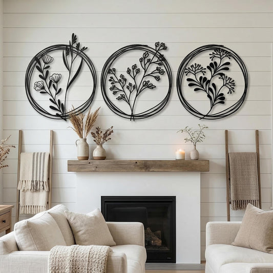 Set of 3 Metal Botanical Flower Wall Art – laser-cut steel wall decor