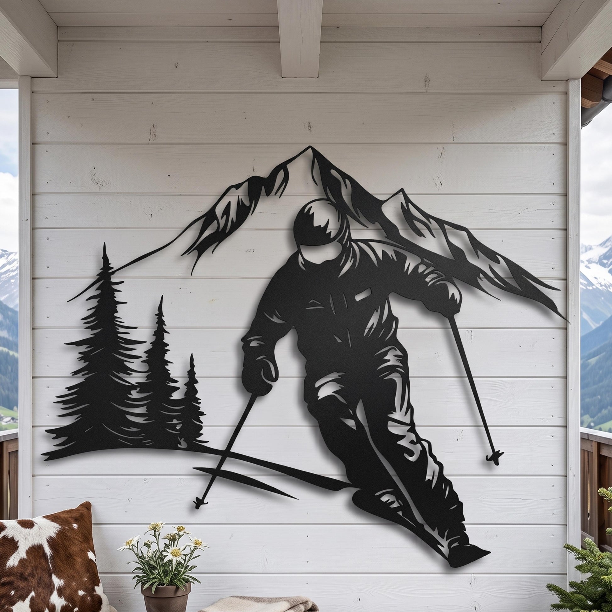 Skiing Metal Wall Art in a modern hallway
