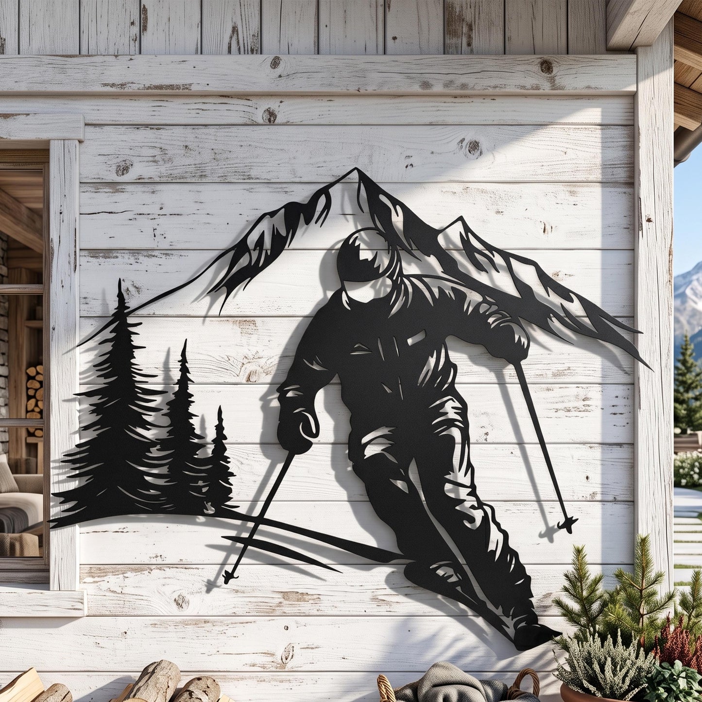 Skiing Metal Wall Art styled above a sofa