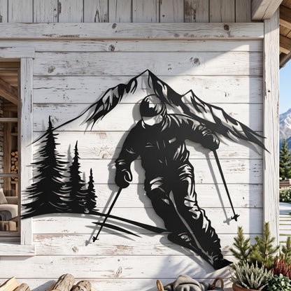 Skiing Metal Wall Art styled above a sofa