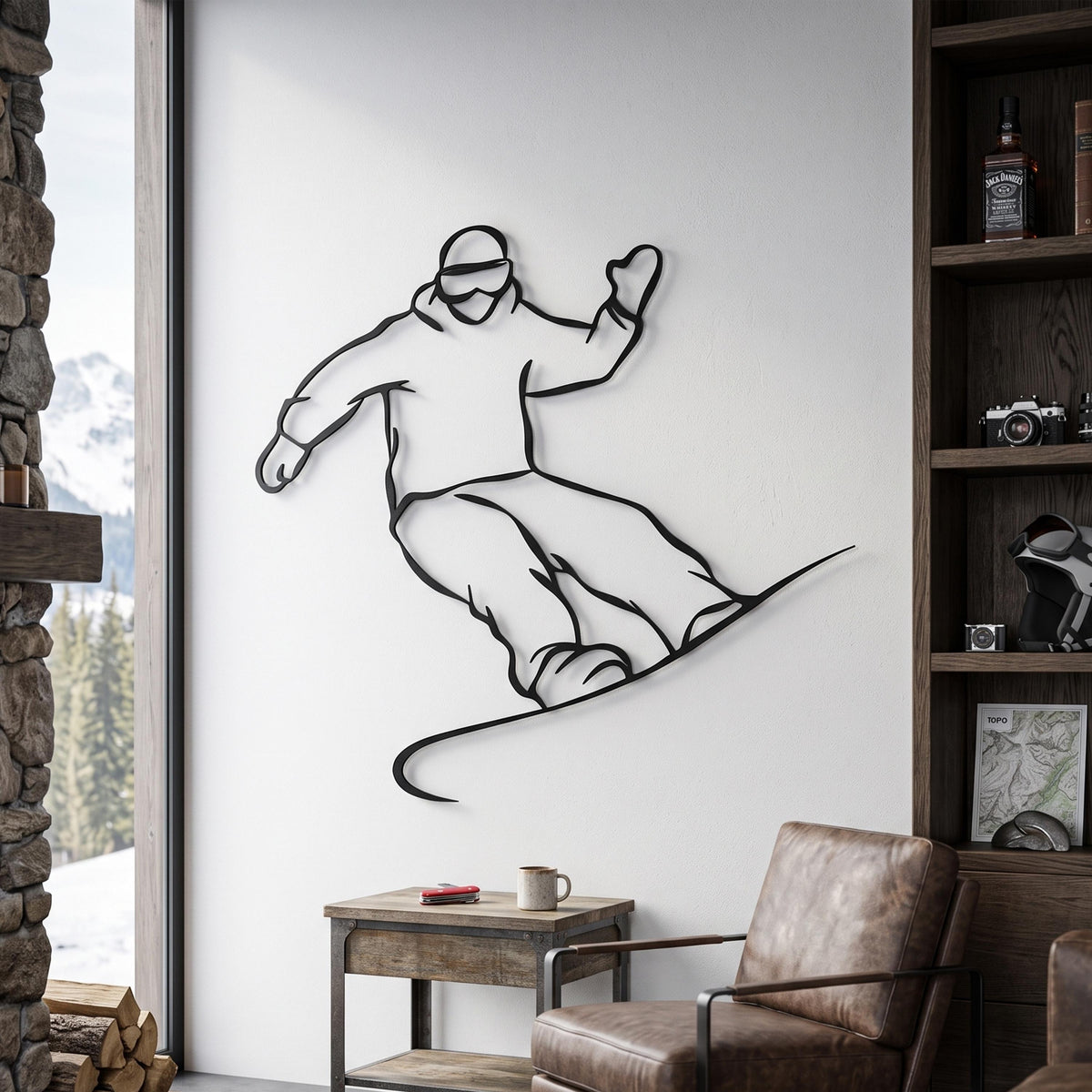 Snowboarder Metal Wall Art shown on a living room wall