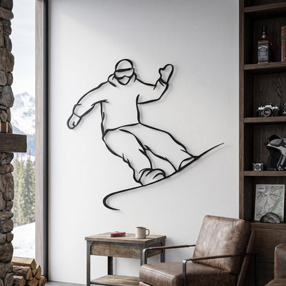 Snowboarder Metal Wall Art shown on a living room wall