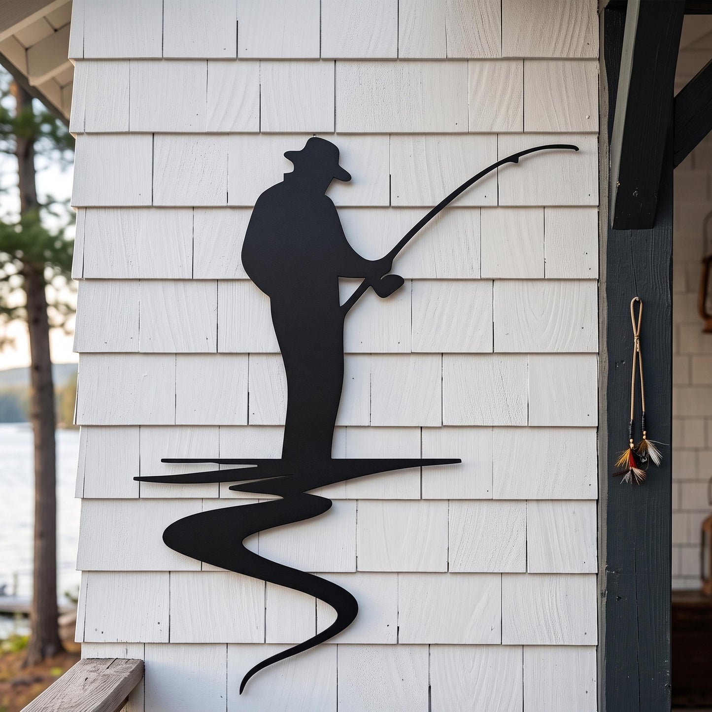 Fisherman Metal Wall Art shown on a living room wall