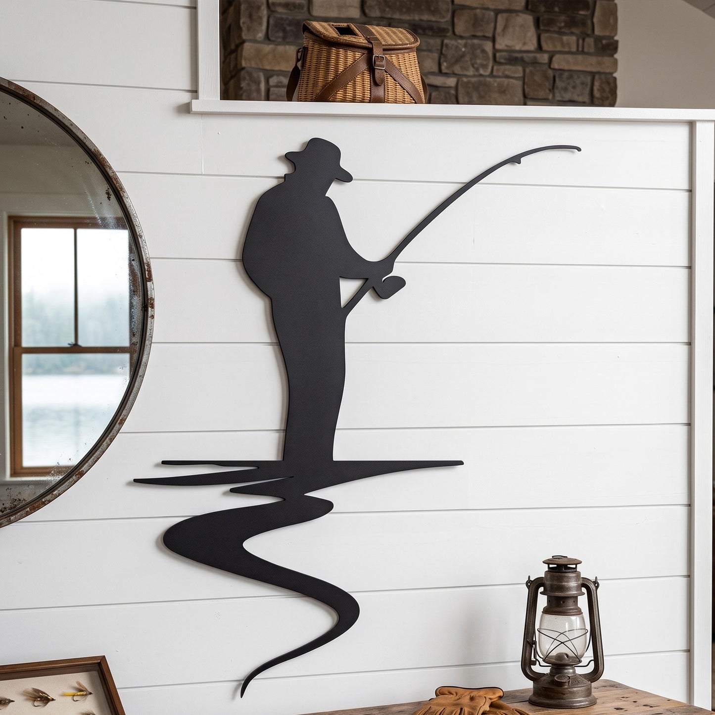 Fisherman Metal Wall Art size guide with dimensions in cm and inches