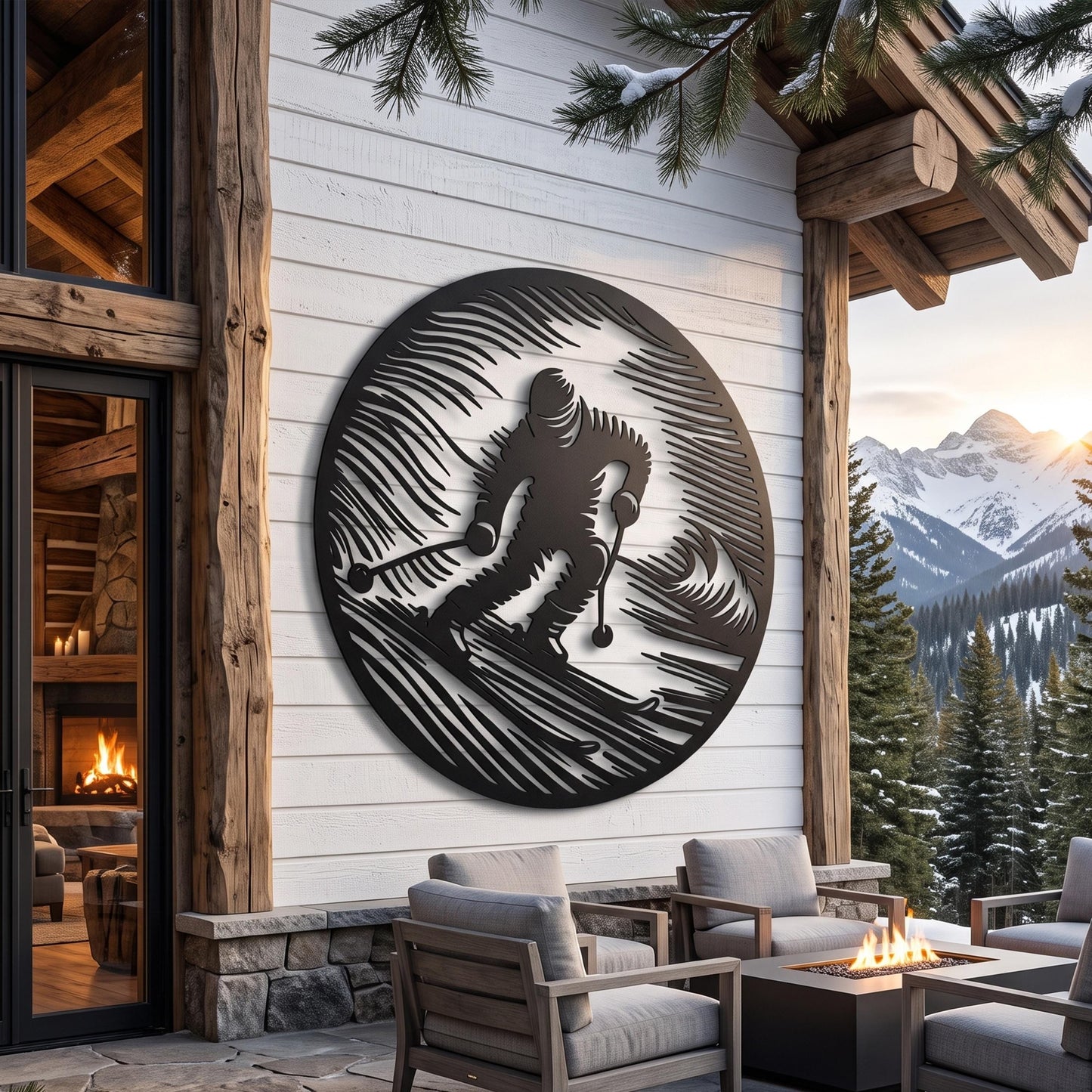 Round Skier Metal Wall Art shown on a living room wall