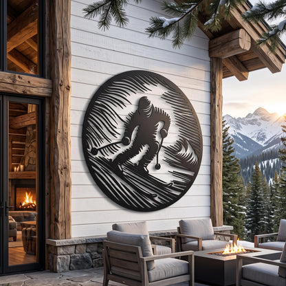 Round Skier Metal Wall Art shown on a living room wall