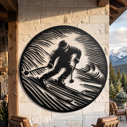 Round Skier Metal Wall Art – laser-cut steel wall decor