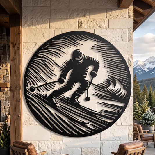 Round Skier Metal Wall Art – laser-cut steel wall decor