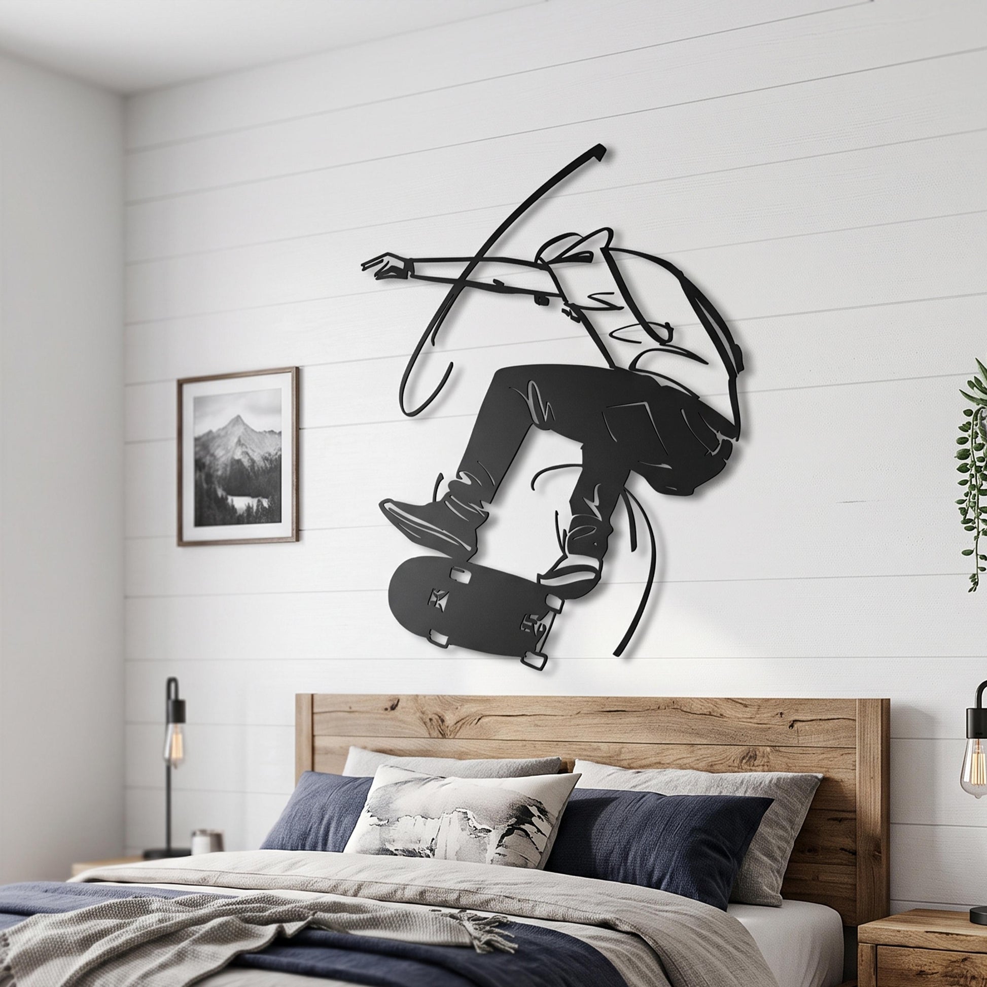 Skateboarder Metal Wall Art shown on a living room wall
